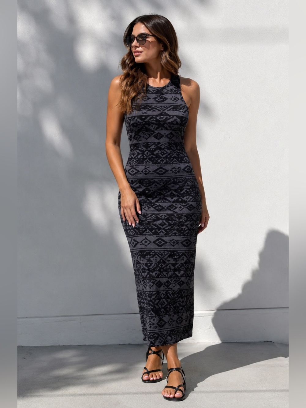 Express Gray & Black Tribal Print Maxi Dress | Sleeveless Stretch Cotton SZ 6